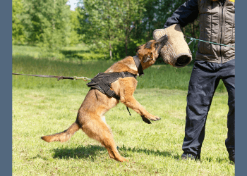 A belgian shepherd dog performs a grab-bite on a bite sleeve. The man wearing the sleeve is also wearing padded clothing to keep him safe.